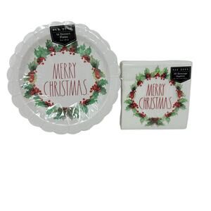 Rae Dunn Merry Christmas Wreath Design Party Ware Paper Plates And Napkins New
